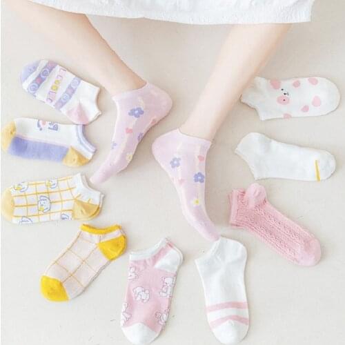 4 Pairs Pink Yellow New Spring Summer Women Socks Cute Animal Flower Print Series Low Cut Ladies Casual Combed Cotton Socks