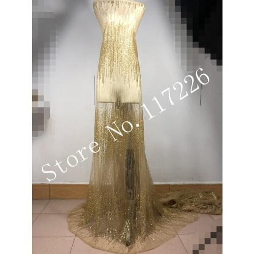 5yards French net tulle lace fabric Hot selling African glued gold glitter with sequins lace fabric for party dress