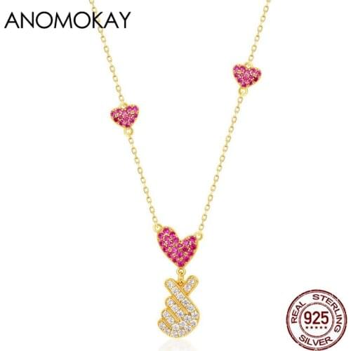 Anomokay Classic Romantic Rose Red Crystal Heart Gold Color Necklace for Women Valentines Day Gift S925 Silver Love Necklaces