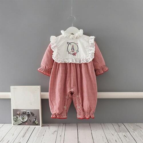 Baby Romper Winter Vintage Velvet Newborn Kids Baby Girl Clothes Plaid Long Sleeve Ruffle Elastic Jumpsuit Kids Outfit 0-2Y