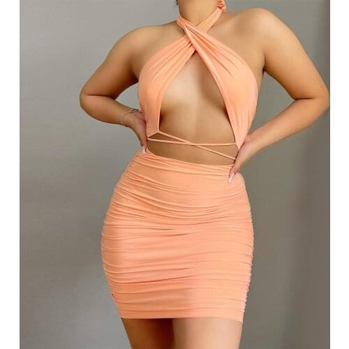 Double Layer Women Summer Sexy Mini Bodycon Dress 2021 New Arrivals Halter Bodycon Dress Cut Out Orange Prom Evening Party Dress