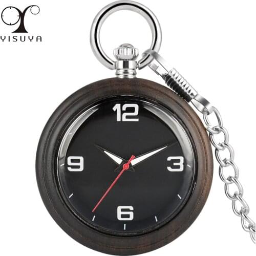 Ebony Wood Pocket Watch Arabic Numerals Luminous Hands Dial Open Face Pendant Pocket Clock Silver Pocket Chain Retro Timepiece