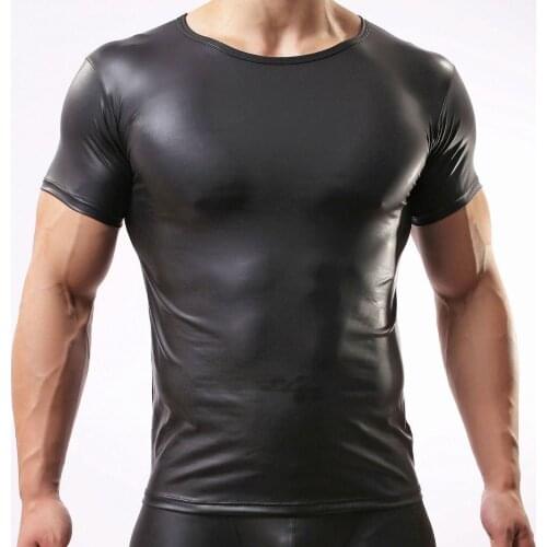 Gay Men Faux Leather Wet Look T-Shirt Top Tee Undershirt Muscle Vest Underwear Club Wear Costume