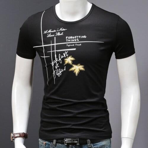 2021 Summer Mens Slim Fit Tshirt Fashion Print Black Cotton O-Neck Short Sleeve T Shirt