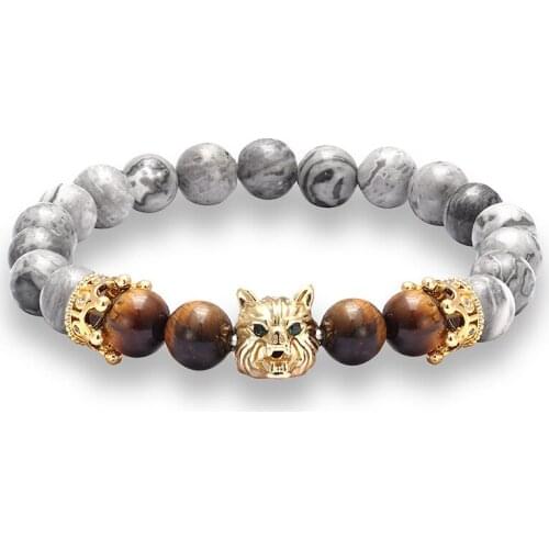 JAAFAR High quality fashion natural beads Map stone beaded bracelet CZ wolf head black lava stone energy stone jewelry AS825