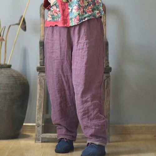 Johnature 2021 Autumn Winter New Cotton Linen Elastic Waist Warm Straight Pants Loose Leisure All-match Women Full Length Pants