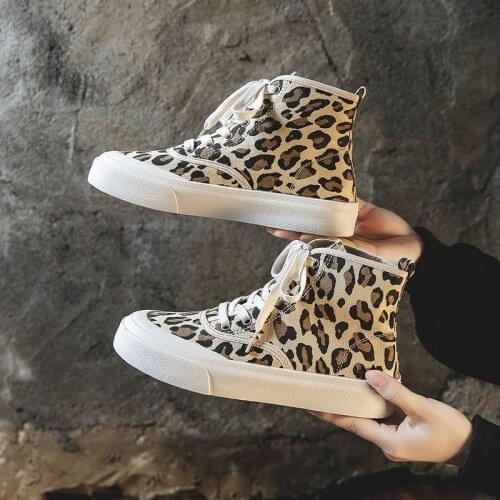 Fashion Leopard Printed Womens High-top Canvas Shoes Platform Casual Plimsolls Women Comfort Soft Womens Vulcanized Sneakers