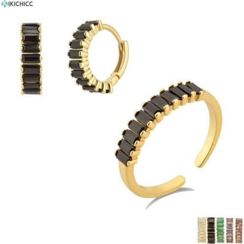 Kikichicc 925 Sterling Silver 5 Colors Square Zircon CZ Resizable Rings Circle Piercing Ohrringe Pendiente Jewelry Set For Women