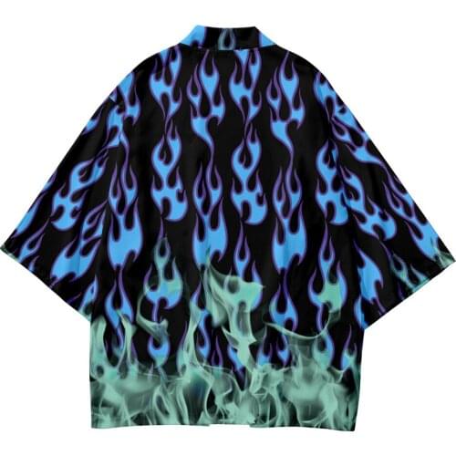 Blue Flame China Harajuku Japanese Style Sets Fashion Kimono Men Women Cardigan Haori Obi Asian Clothes Pants Suit Plus Size 6XL