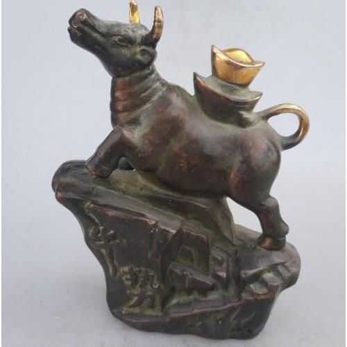 Collection chinese Handmade old bronze Gilt Cattle statue, Home Decoration antique sculpture
