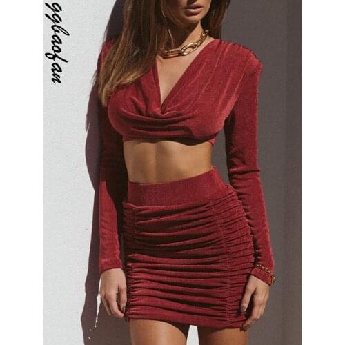 Ggbaofan Sexy V-Neck Long Sleeve Top And Skirt Sets Women Fashion Outfits Fall Matching Set Ruched Mini Skirt Club Party Clothes