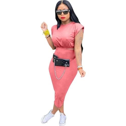 2 Pieces Suit Set, Women’ s Solid Color O-Neck Drop-Shoulder Sleeve Tops+ Package Hip Skirt for Summer, S/M/L/XL/XXL