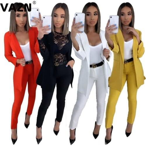 VAZN 2020 Hot Sales High-end Office Lady Young Sexy Solid Full Sleeve Suit Open Stitch Long Pants Slim Women 2 Piece Set