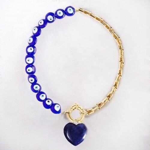 Chunky chain ожерелье для женщ exquisite Lucky turkey Murano blue glass evil eye beads quartz jade heart pendant necklaces women