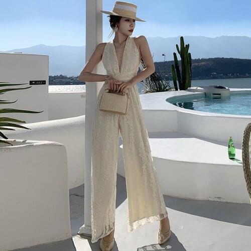Fashion Summer Jumpsuits Women Vacation Clothes Sexy Halter Deep V Neck Sleeveless Backless Bandage Embroidery Lace Jumpsuits