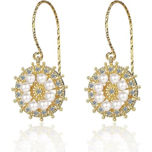 New Arrival 100% 925 Sterling Silver Elegant Sunflower Pearl CZ Zircon Ladies Drop Earrings Jewelry Valentines Day Gift