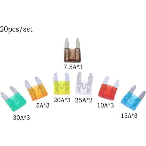 New 20pcs/set Mini Blade Fuses Auto Car Truck Fuse Assortment Kit Set 5/7.5/10/15/20/25/30A Fuses MIni Fuses