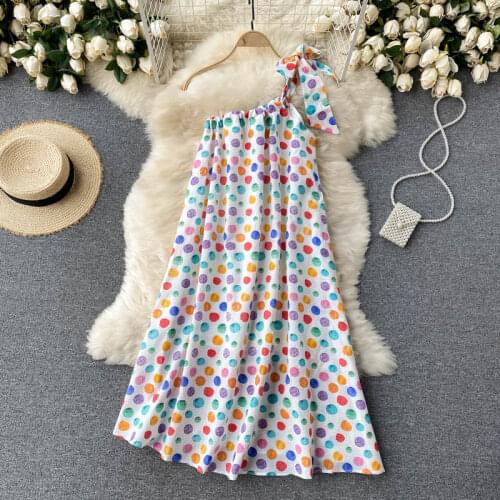 Beach Vacation Vestidos Female Summer Dress Color Polka Dot Oblique Collar Strapless Unilateral Sling Beach Mini Dress GL061