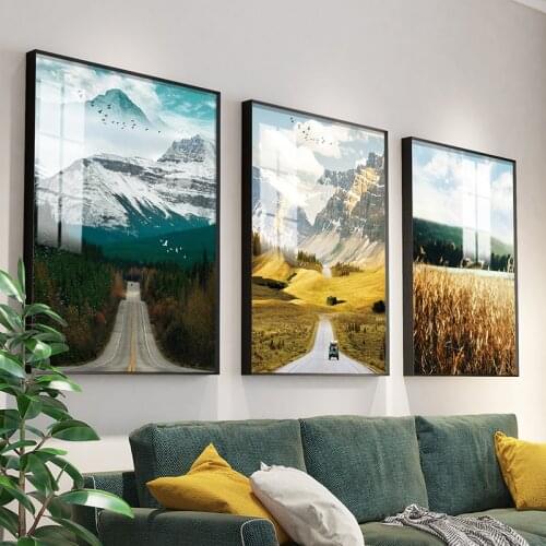 Natural Scenery Landscape Painting Triptych Sofa Background Wall Hanging Metal Frame Layout Crystal Porcelain Painting Combinati