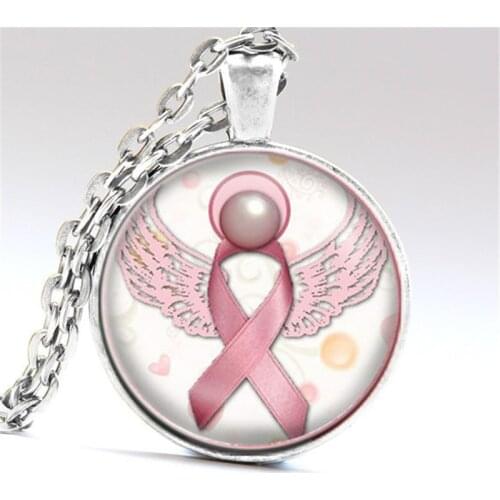 Angel Pink Breast Cancer Awareness Ribbon Swirl Heart Pendant Necklace Glass Art Print Jewelry Charm Gifts for Girls and Ladies