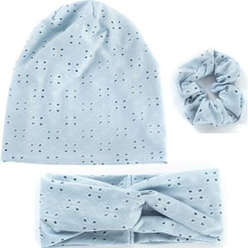 Summer Hollow Flower Design Beanie Suit Ladies Headband Scrunchies Soild Color Outdoor Sports Hat Cross Hairband For Women