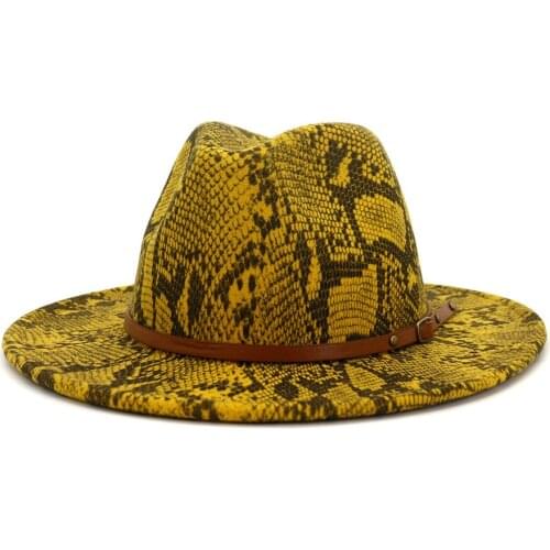 2021 New Style Snakeskin Print Women Men Wide Brim Fedora Hat Adult Classics Felt With Brown Belt Vintage Jazz Panama Cap