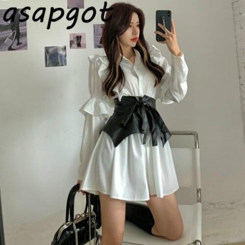 Loose White Lapel Ruffles Flare Sleeve Shirt Dress Short with Belt Chic Korean Fashion Casual Slim Waist Office Lady Temperament