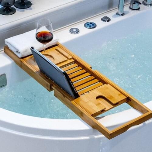 Extendable Bamboo Bathtub Tray Wooden Bath Organizer Rack Bathroom Book Wine Tablet Holder Reading Shelf Bath Tray HWC