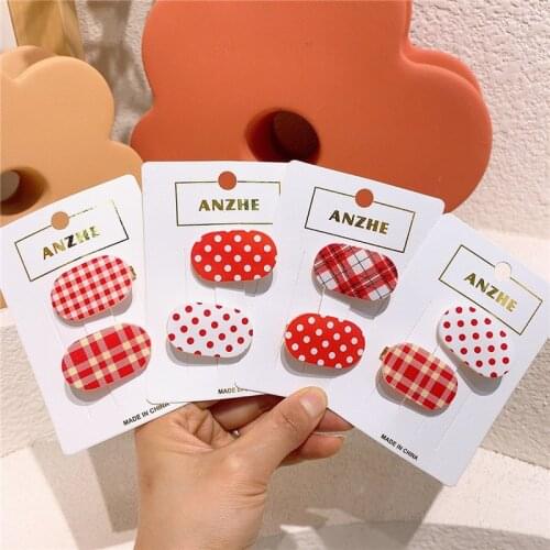 2 Pcs New Fashion Sweet Girl Princess Red Series Lattice Dot Oval Duckbill Clip Korean Childrens Hairpins Hair Accessories