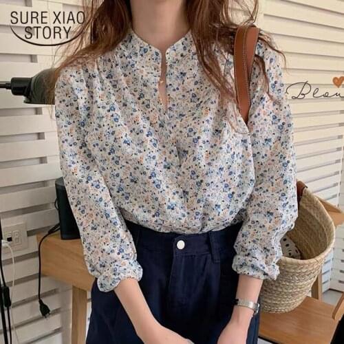 2020 New Autumn Korean Loose Chic Retro Blouse Fashion Sweet Floral Elegant Long Sleeve V-neck Shirt Women chemisier femme 10189