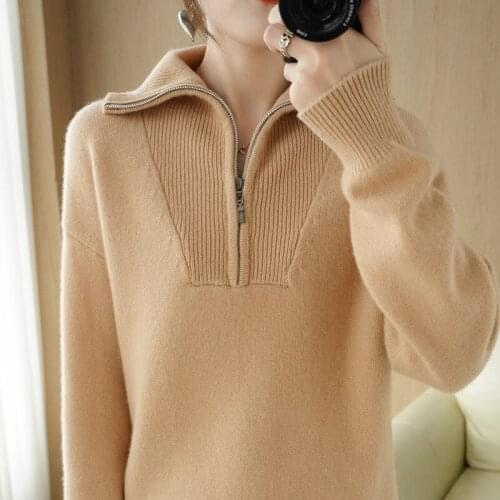 Womens Clothing New 100%Pure Wool Turtleneck Sweater Women Korean Loose Zipper Winter Thick Pullover Cashmere Bottoming Sweater