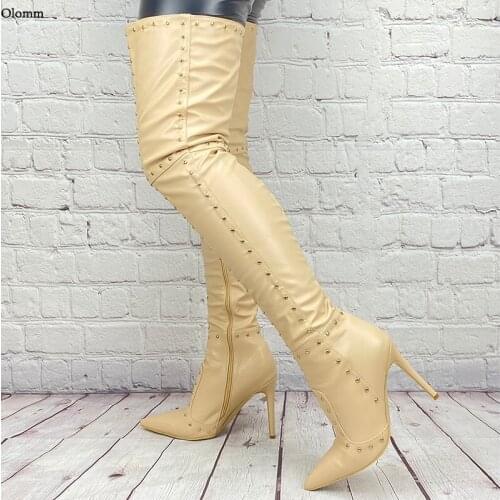 Olomm New Arrival Women Winter Thigh Boots Zipper Rivets Sexy Stiletto Heels Pointed Toe Nude Pink White Shoes US Size 5-15