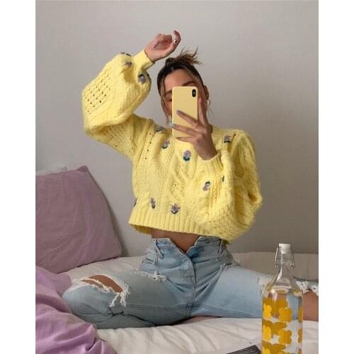 Womens Round Neck Sweaters Fashion Long Lantern Sleeve Floral Pattern Cable Knitted Crop Tops Autunm Winter Pullovers
