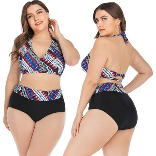 Womens Vintage Plus Size Swimsuit Two Piece Retro Halter High Waist Bikini set Tummy Control Bathing Suit Push up size L to 4XL