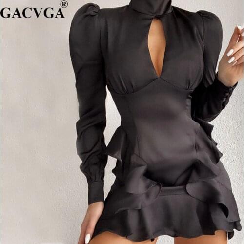 GACVGA Satin Hollow Out Ruffles Dress For Women Solid Long Puff-sleeve Irregular Dresses Ladies Autumn Sexy Elegant Vestidos