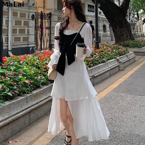 2021 Summer Dress Women Elegant Vintage Sexy Square Collar Long Sleeve Dress Korean Design Office Lady Casual One Piece Dresses
