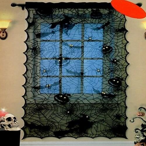 107*203cm Light Black Lace Window Curtain Light Transmission Halloween Fabric Pumpkin Party Decoration Spider Web Witch Bat