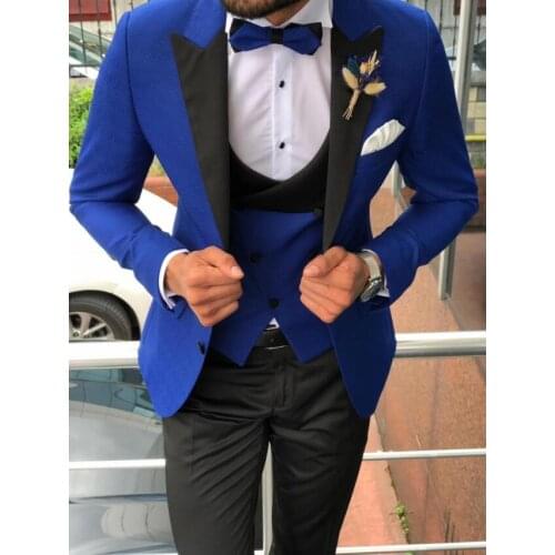 2020 Slim Fit Men Suits For Wedding Royal Blue Black Pant Costume Homme Groom Tuxedo 3 piece Best Man Suit Double Breasted Vest