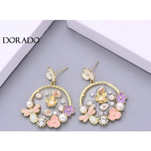 Dorado New Fashion Natural Pearl Zircon Stone Pendant Earrings For Women Romantic Colorful Flower Copper Earring Jewelry Gift