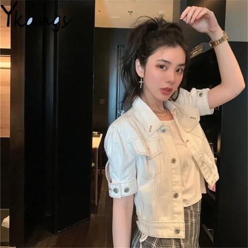 Pockets Button Solid Color White ArmyGreen Short Sleeve Denim Coat Korean Streetwear Jean Jacket Summer Women Vintage Crop Top