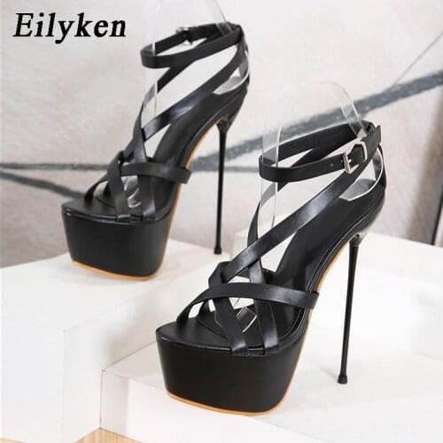 Eilyken Fashion Black Narrow Band Open Toe Stiletto High Heels Ankle Buckle Strap Womens Sandals 2021 Summer Platform Shoes