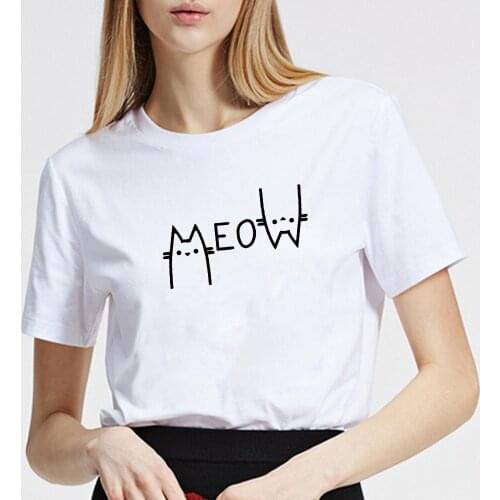 Cute T Shirt Women Cotton Print Meow cat O-neck Casual tshirt Fashion Shirt Short-Sleeve Unisex T-shirt graphic tees tops
