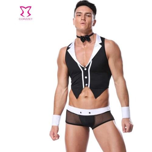 Black Sexy Male Bartender Suit 4 Pieces Included Bow Tie & Tank Top & Bracelet & Shorts Sets Cosplay Costume Halloween For Man