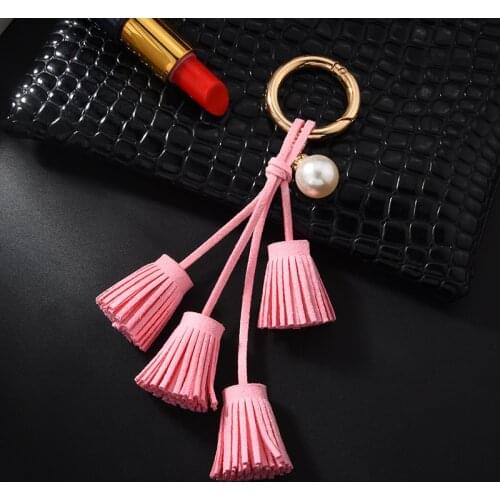 Leather Tassel Keychain Women with Fashion Pearl Key Chains llaveros flore Bag Charms for Women Key ring