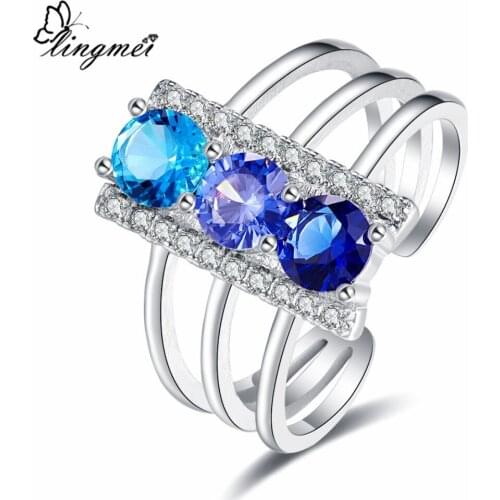Lingmei Hollow out Fashion RoundBlueWhite Cubic Zircon Jewelry Silver Color Ring Size 6-9 Free Shipping Anniversary