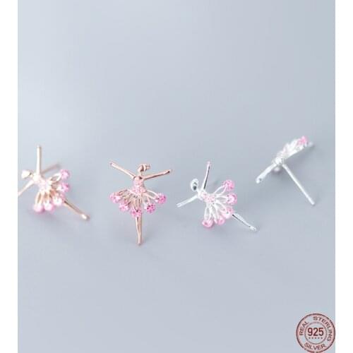 LKO Ballerina Dancer Earrings 925 Sterling Silver Zircon Crystal Beautiful Dancing Girl Studs Earrings Birthday Gift For Women