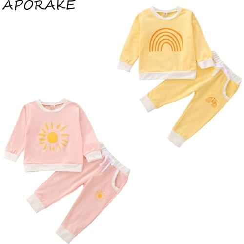 2021 0-5Y Kids Baby Girl Boy Clothing Casual Tracksuit Cartoon Rainbow/Sun Print Long Sleeve Sweatshirt+Pockets Pants Fall 2pcs