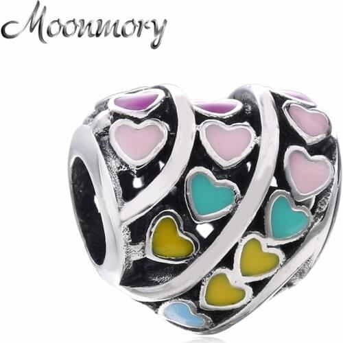Moonmory 2020 Summer Sneak Peek 925 Sterling Silver Enamel Heart Beads Fits For Europe Bracelet DIY Beads Valentines Day Gift