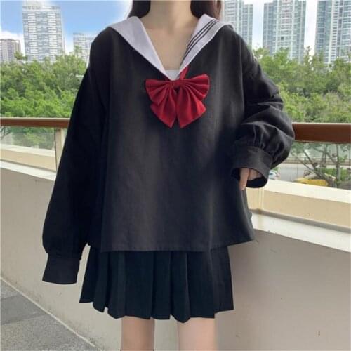 OLOMLB Japanese Sweet Soft Girl Two-piece Suit Cute Sailor Collar Bow Full Sleeve Shirt JK Uniform Pleated Skirt Two-piece Suit