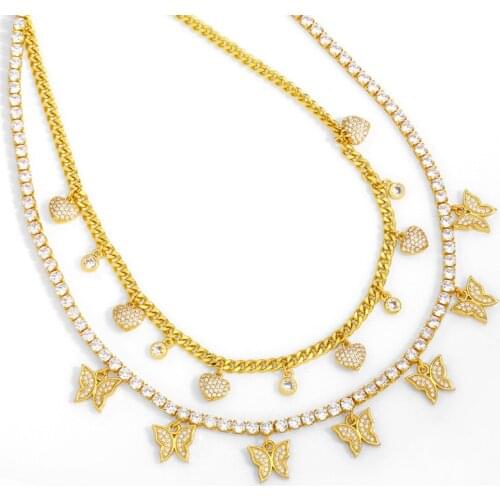 FLOLA CZ Pave Rhinestone Shining Butterfly Charms Necklace For Women Gold Curb Link Chain Heart Necklace Luxury Jewelry nkeu27
